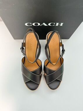 COACH Black Leather Cross-Strap Wedge Sandals with Buckle
